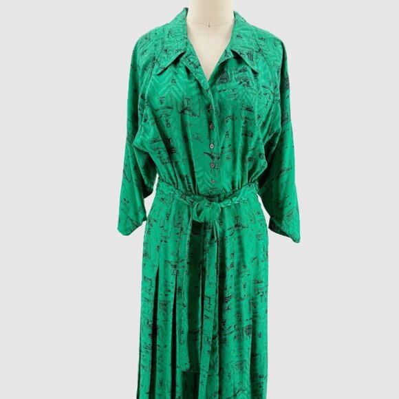 NICOLE MILLER VTG GREEN SILK EGYPTIAN PRINT PLEATED CAREER DRESS 4 - Picture 1 of 10